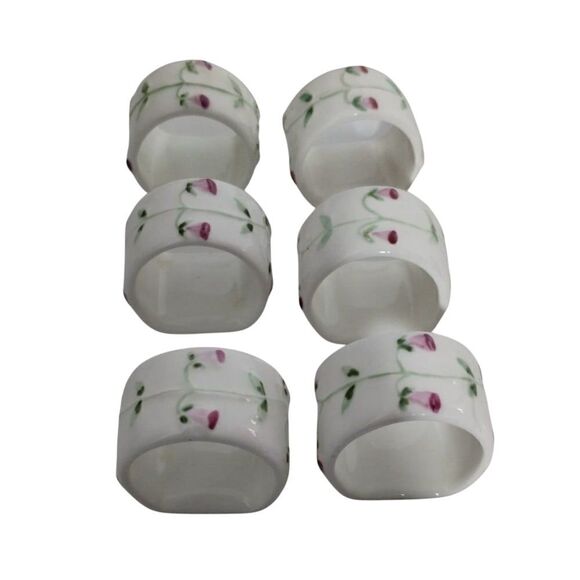 Vintage Floral Ceramic Napkin Rings Set of 6 - White with Pink Rose Pattern - Picture 1 of 9